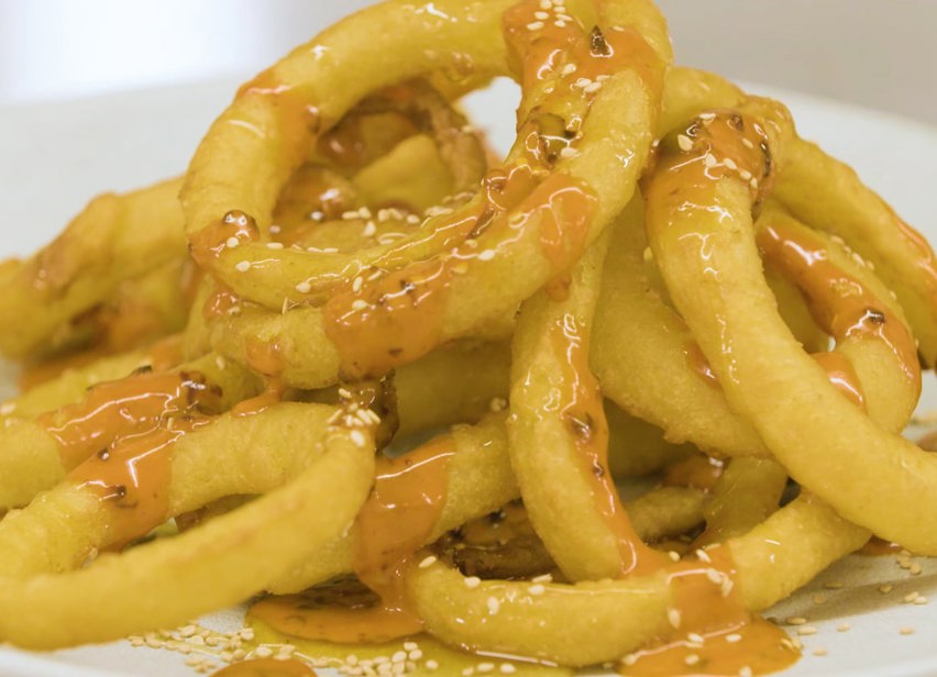 Hot Honey-Sesame Glazed Beer Battered Onion Rings with Amazon Sauce