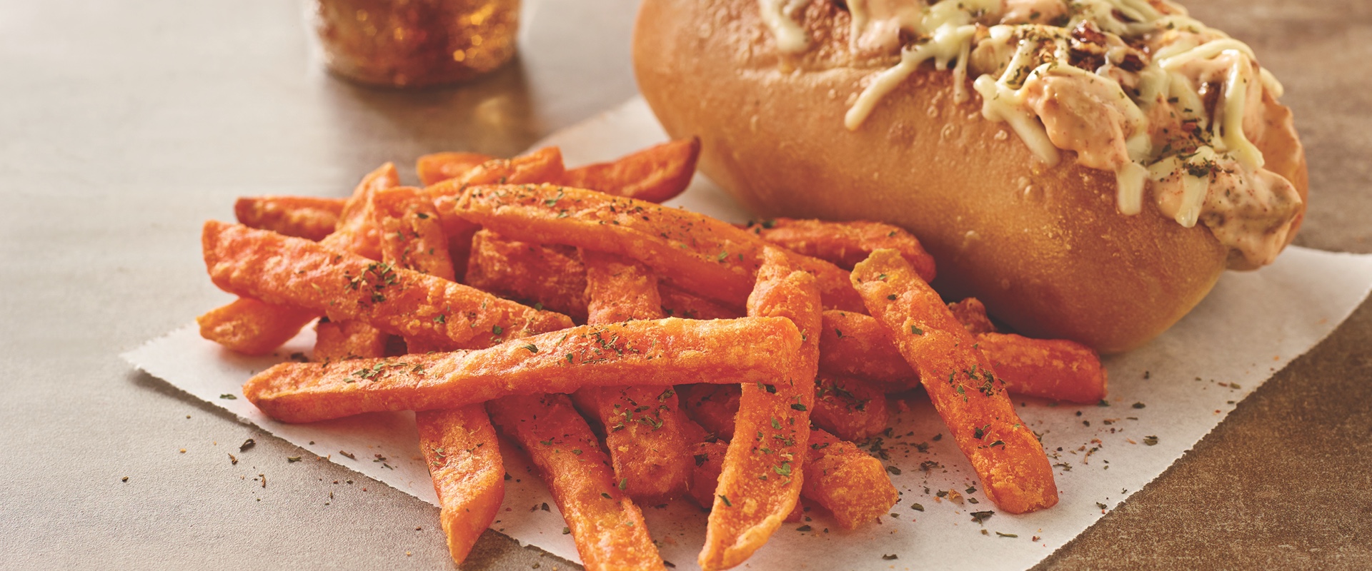 White BBQ Chicken Grinder with Sweet Potato Fries