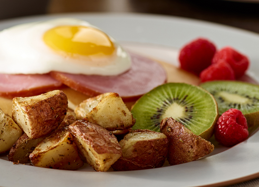 Pancake Benedict with Roasted Red Skins