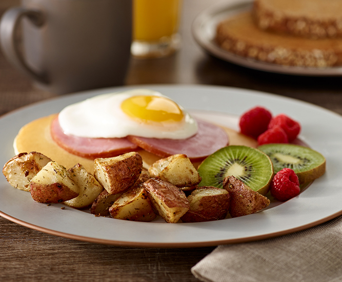 Pancake Benedict with Roasted Red Skins