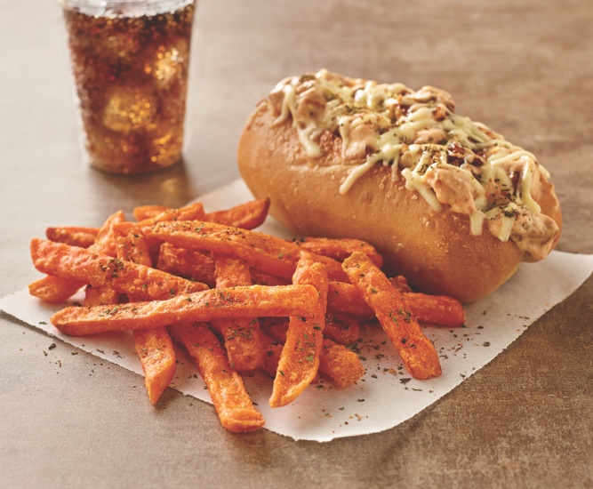 White BBQ Chicken Grinder with Sweet Potato Fries