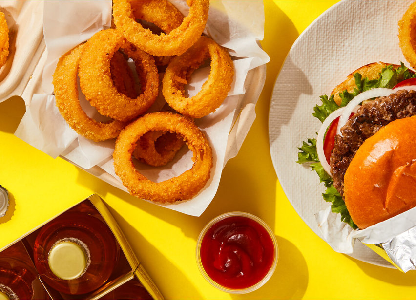 Hamburger and Moore's Breaded Onion Rings